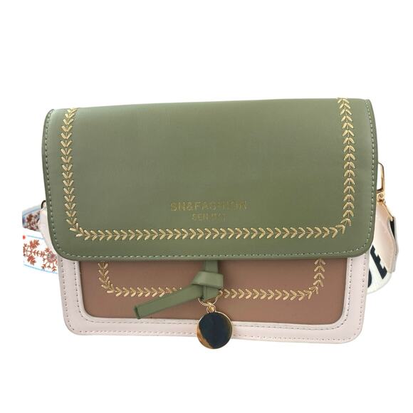 SN & Fashion Women's Green Wide Strap Fashion Flap Purse Crossbody Shoulder Bag - Picture 3 of 4
